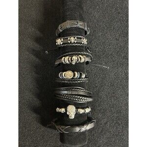 Lot Of 7 Black Leather Wrap Bracelets Skull Theme Unisex J267